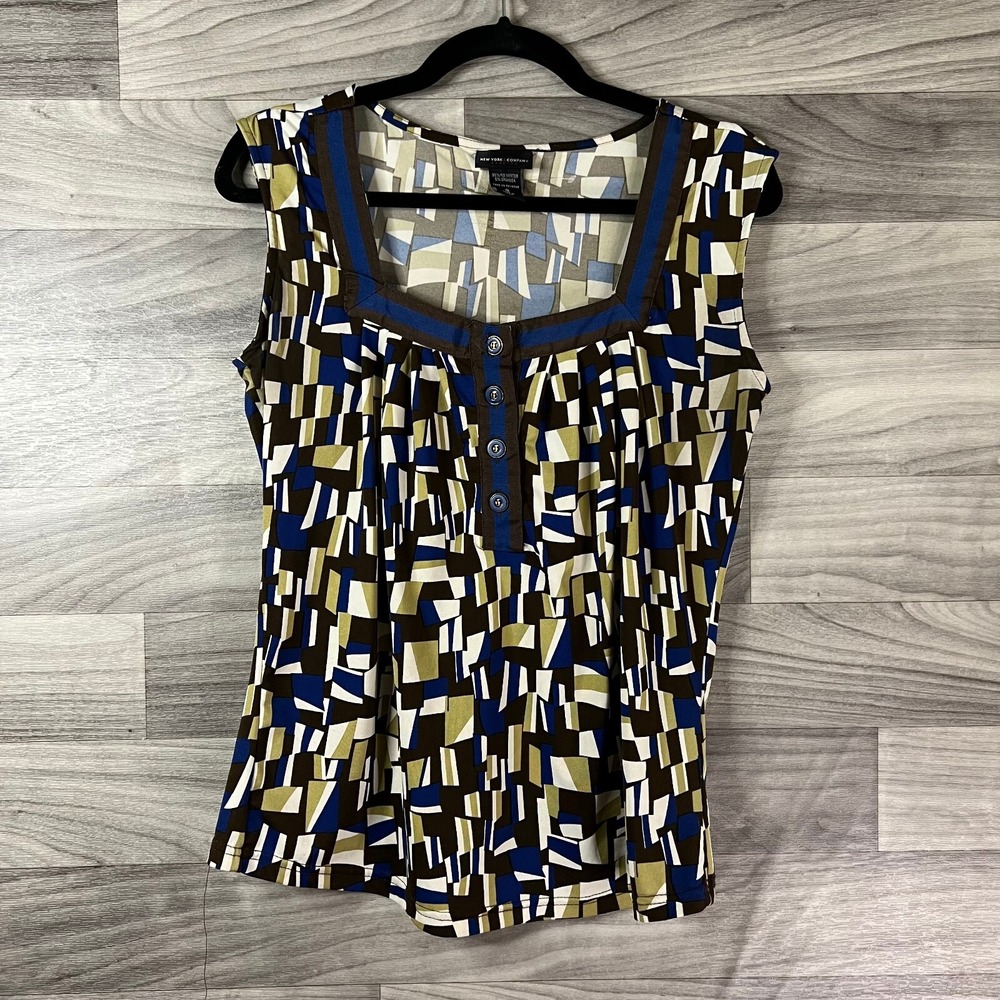 New York & Company Blouse Top Womens S‎ Blue Brown Abstract Stretch Sleeveless